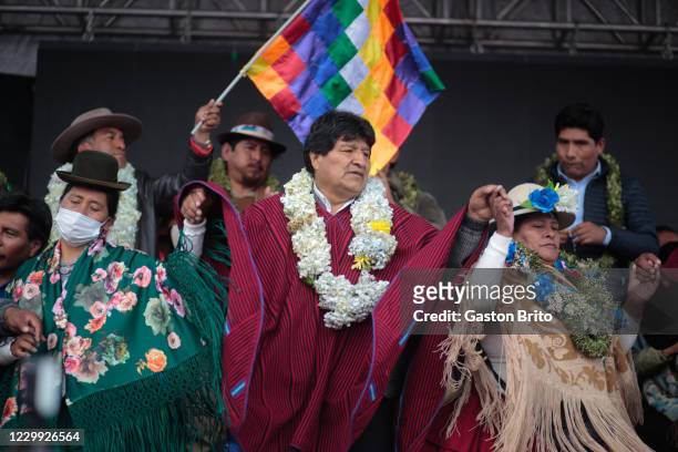 Former president of Bolivia Evo Morales dances during a welcome ceremony at Santa Rosa neighborhood on December 3, 2020 in El Alto, Bolivia. Morales...