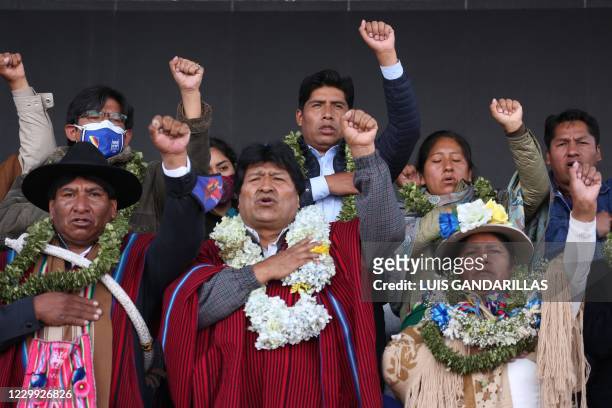 Former Bolivia's President Evo Morales attend a welcome ceremony upon his arrival to El Alto, Bolivia, on December 3, 2020. - Leftist former...