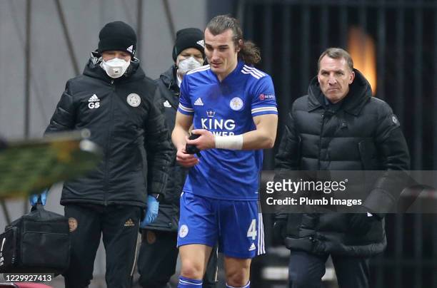 Caglar Soyuncu of Leicester City after going off injured during the UEFA Europa League Group G stage match between Zorya Luhansk and Leicester City...
