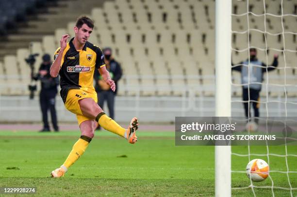 Aek's Portuguese forward Nelson Oliveira scores a goal during the UEFA Europa League Group G football match between AEK Athens and Sporting Braga, at...