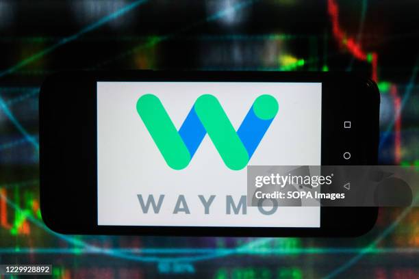 In this photo illustration a Waymo logo is displayed on a smartphone with stock market graphics on the background.