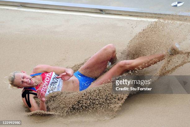 Tatyana Chernova of Russia competes in the long jump in the women's heptathlon during day four of the 13th IAAF World Athletics Championships at the...