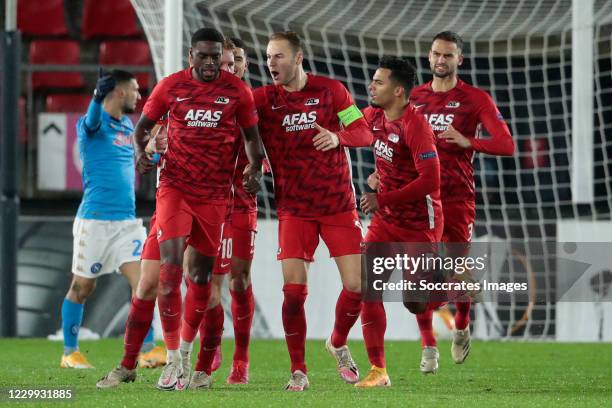 Bruno Martins Indi of AZ Alkmaar Celebrates 1-1 with Zakaria Aboukhlal of AZ Alkmaar, Dani de Wit of AZ Alkmaar, Pantelis Hatzidiakos of AZ Alkmaar,...