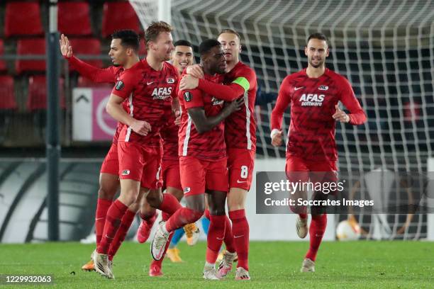 Bruno Martins Indi of AZ Alkmaar Celebrates 1-1 with Zakaria Aboukhlal of AZ Alkmaar, Dani de Wit of AZ Alkmaar, Pantelis Hatzidiakos of AZ Alkmaar,...