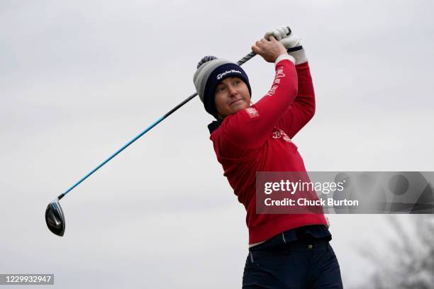 Charley Hull of England tees off on the 14th hole during the first round of the Volunteers of America Classic at Old American Golf Club on December...