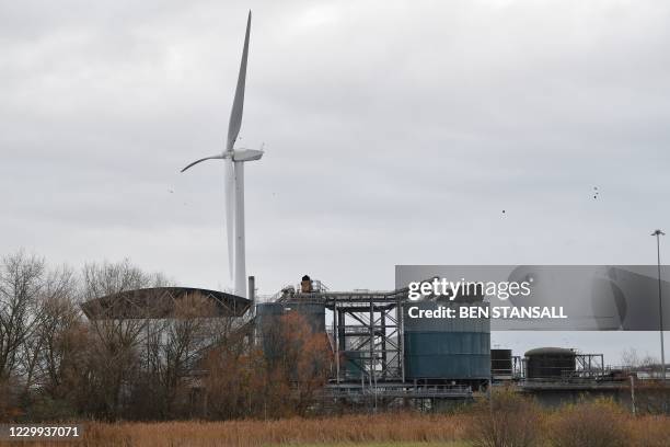 Picture shows a damaged silo at a waste water treatment plant in Avonmouth, near Bristol in southwest England on December 4, 2020 after an explosion...