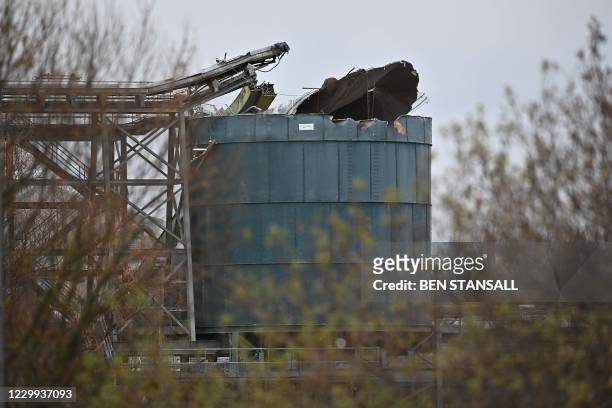 Picture shows a damaged silo at a waste water treatment plant in Avonmouth, near Bristol in southwest England on December 4, 2020 after an explosion...