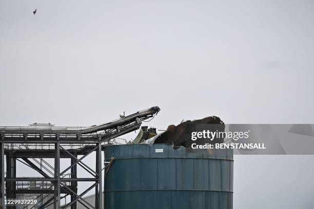 Picture shows a damaged silo at a waste water treatment plant in Avonmouth, near Bristol in southwest England on December 4, 2020 after an explosion...