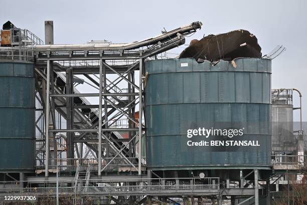 Picture shows a damaged silo at a waste water treatment plant in Avonmouth, near Bristol in southwest England on December 4, 2020 after an explosion...