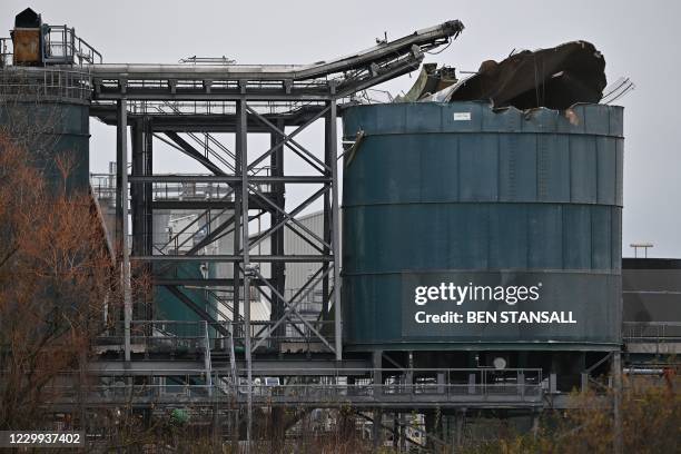 Picture shows a damaged silo at a waste water treatment plant in Avonmouth, near Bristol in southwest England on December 4, 2020 after an explosion...