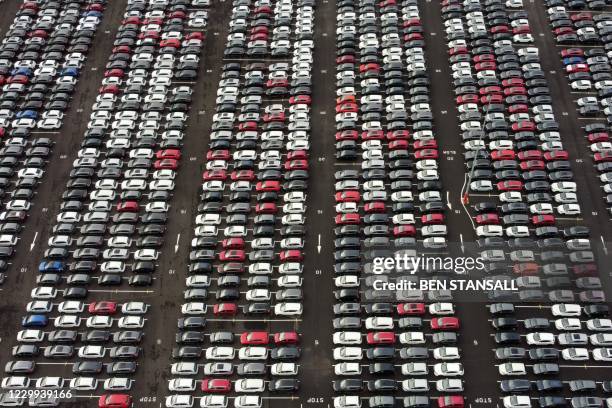 An aerial view shows Lines of new Honda cars parked up at the Royal Portbury Dock in Avonmouth, near Bristol in south-west England on December 4,...