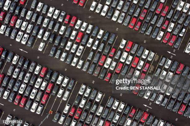 An aerial view shows Lines of new Honda cars parked up at the Royal Portbury Dock in Avonmouth, near Bristol in south-west England on December 4,...