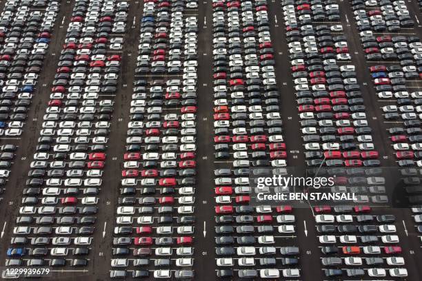 An aerial view shows lines of new Honda cars parked up at the Royal Portbury Dock in Avonmouth, near Bristol in south-west England on December 4,...