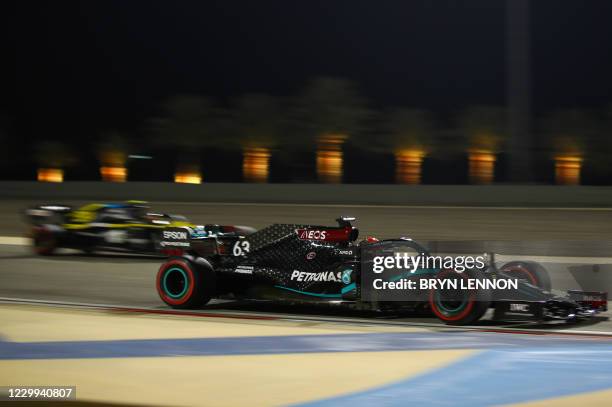 Mercedes' British driver George Russell drives during the first practice session ahead of the Sakhir Formula One Grand Prix at the Bahrain...