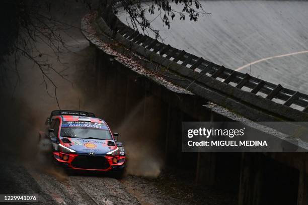 Estonian driver Ott Tanak and Estonian co-driver Martin Jarveoja steer their Hyundai i20 coupe WRC during the afternoon SS5 stage of the FIA World...