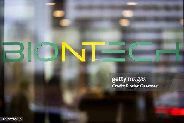 The emblem of the biotechnology company Biontech is pictured on December 04, 2020 in Mainz, Germany.