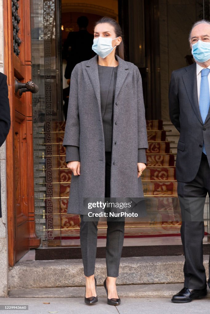 Queen Letizia Of Spain Arrives To A Meeting With FundeuRAE