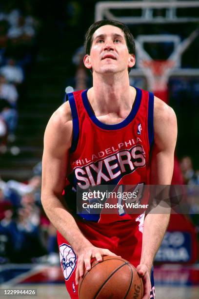 Jeff Hornacek of the Philadelphia 76ers shoots a free throw during a game played at the Arco Arena in Sacramento, California circa 1994 . NOTE TO...