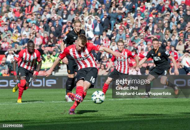 James Ward-Prowse of Southampton scores a penalty during the Barclays Premier League match between Southampton and Hull City at St Mary's Stadium on...
