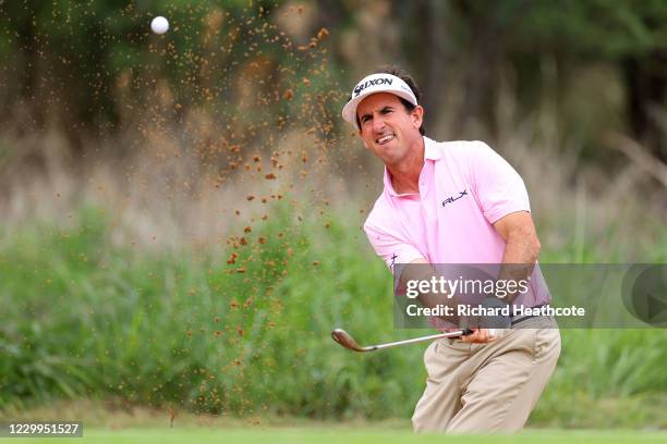 Gonzalo Fernandez-Castano of Spain hits a bunker shot on the 5th hole during the third round of the South African Open at Gary Player CC on December...