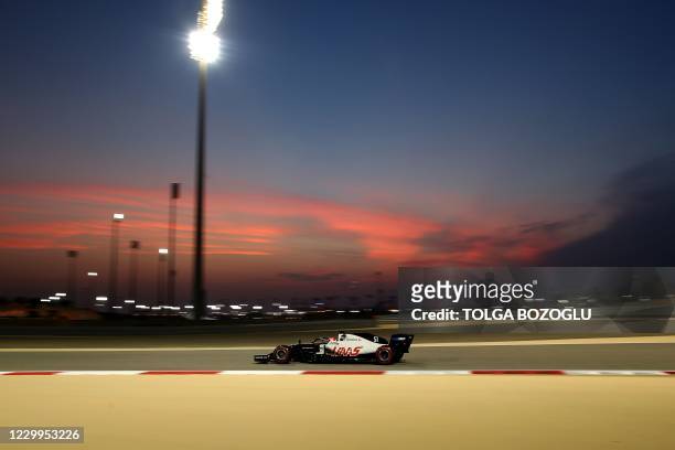 Haas F1's Brazilian driver Pietro Fittipaldi drives during the third practice session ahead of the Bahrain Formula One Grand Prix at the Bahrain...