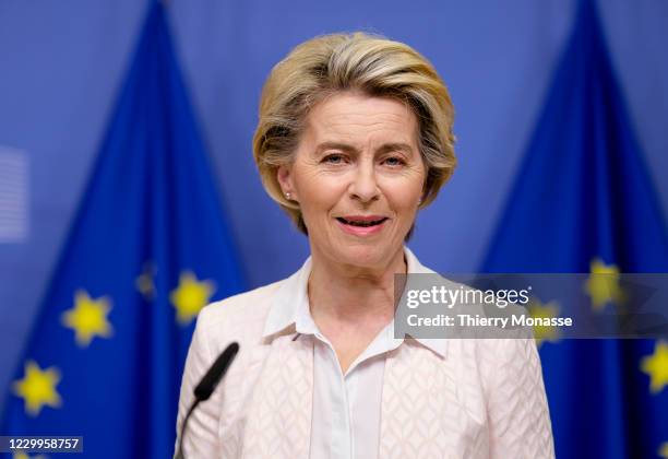 Commission President Ursula von der Leyen delivers a statement on the ongoing Brexit negotiations on December 5, 2020 in Brussels, Belgium. Current...