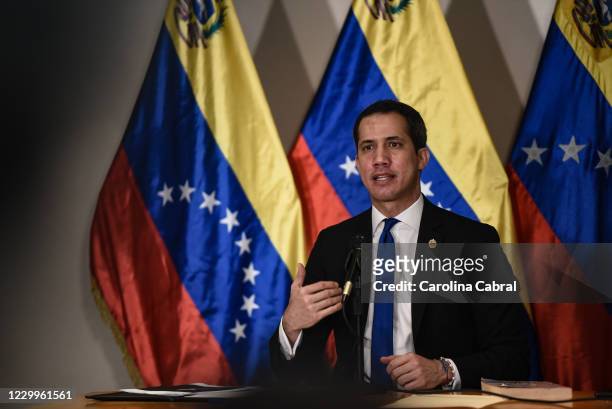 Venezuelan opposition leader Juan Guaido speaks during an international press conference on December 5, 2020 in Caracas, Venezuela. Venezuelan...