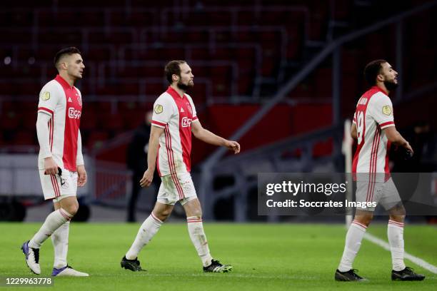 Dusan Tadic of Ajax, Daley Blind of Ajax,, Zakaria Labyad of Ajax during the Dutch Eredivisie match between Ajax v Fc Twente at the Johan Cruijff...