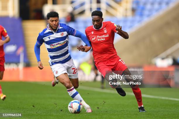 Sammy Ameobi of Nottingham Forest holds off Josh Laurent of Reading during the Sky Bet Championship match between Reading and Nottingham Forest at...