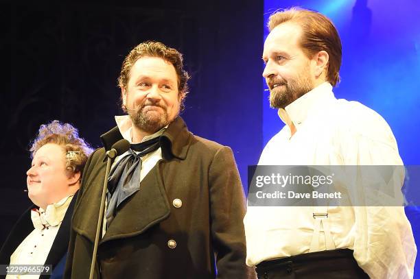 Matt Lucas, Michael Ball and Alfie Boe bow at the curtain call during the return of "Les Miserables: The Staged Concert" to London's West End...