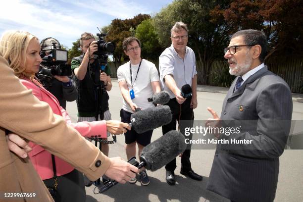 Survivor of the Mosque shootings, Ibrahim Abdelhalim, speaks to media outside Nga Hau E Wha National Marae on December 6, 2020 in Christchurch, New...