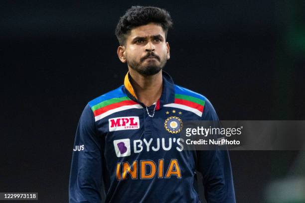 Shreyas Iyer of India looks on during game two of the Twenty20 International series between Australia and India at Sydney Cricket Ground on December...