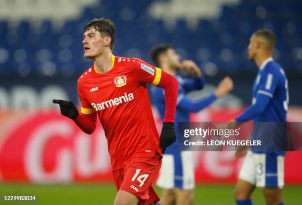 Leverkusen's Czech forward Patrik Schick celebrates scoring the 0-3 goal during the German first division Bundesliga football match FC Schalke 04 v...