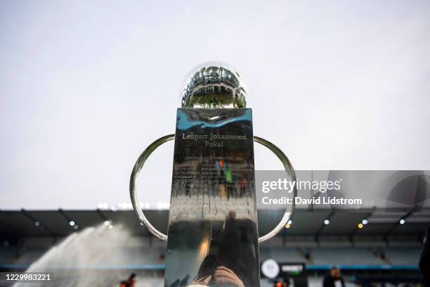 Lennart Johanssons trophy is seen ahead of the Allsvenskan match between Malmo FF and Ostersunds FK at Eleda Stadion on December 6, 2020 in Malmo,...