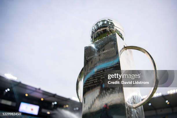 Lennart Johanssons trophy is seen ahead of the Allsvenskan match between Malmo FF and Ostersunds FK at Eleda Stadion on December 6, 2020 in Malmo,...