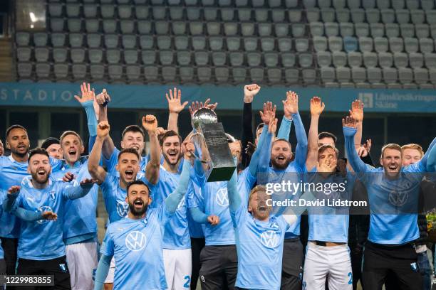 Players of Malmo FF celebrates the first place in Allsvenskan match between Malmo FF and Ostersunds FK at Eleda Stadion on December 6, 2020 in Malmo,...