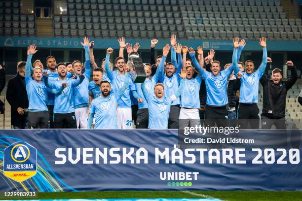 Players of Malmo FF celebrates the first place in Allsvenskan match between Malmo FF and Ostersunds FK at Eleda Stadion on December 6, 2020 in Malmo,...