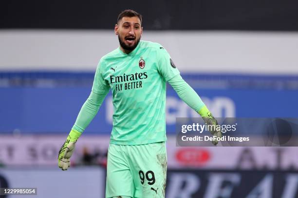 Gianluigi Donnarumma of AC Milan gestures during the Serie A match between UC Sampdoria and AC Milan at Stadio Luigi Ferraris on December 6, 2020 in...