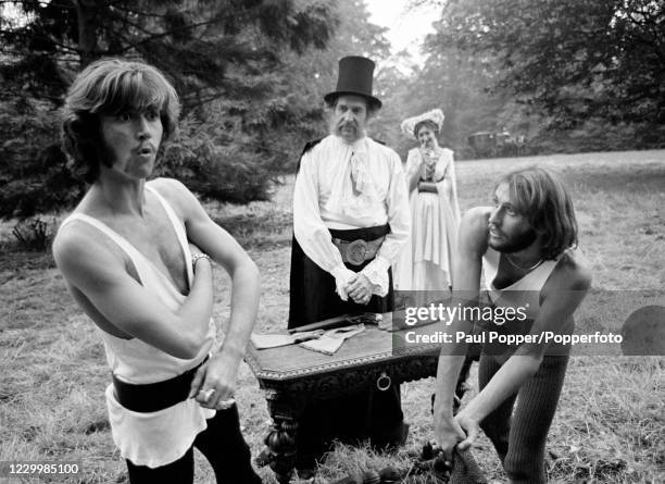 The Bee Gees' Barry Gibb and Maurice Gibb with Vincent Price during the filming of "Cucumber Castle", a comedy film written and produced by The Bee...