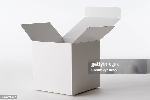 isolated shot of opened blank cube box on white background - box in open stock pictures, royalty-free photos & images