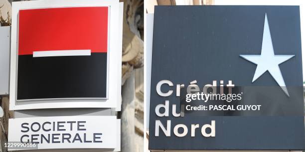 This combination of file pictures created on December 7, 2020 shows the logo of the French bank Societe Generale at a branch in Montpellier on March...