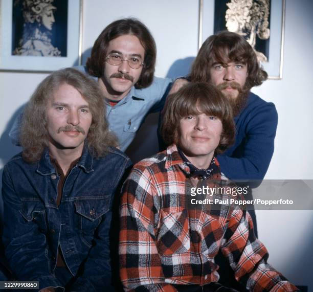 American rock band Creedence Clearwater Revival Stu Cook, Doug Clifford Tom Fogerty and John Fogerty photographed in London, England during their...
