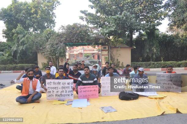 Benaras Hindu University students sitting on dharna demanding the opening of hostel facilities, on December 6, 2020 in Varanasi, India.