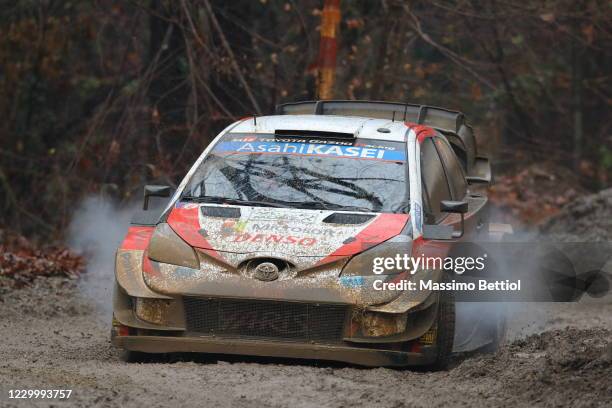 Sebastien Ogier of France and Julien Ingrassia of France compete with their Toyota Gazoo Racing WRT Toyota Yaris WRC during Day Three of the FIA...