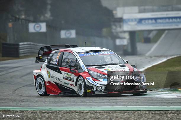 Sebastien Ogier of France and Julien Ingrassia of France compete with their Toyota Gazoo Racing WRT Toyota Yaris WRC during Day Three of the FIA...