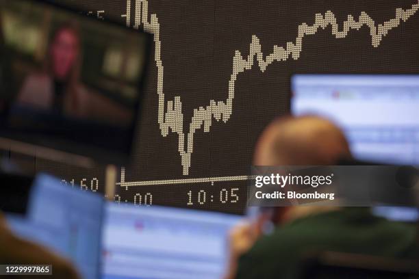 Trader watches news on a television monitor as the DAX Index yield curve shows a drop at the Frankfurt Stock Exchange, operated by Deutsche Boerse...