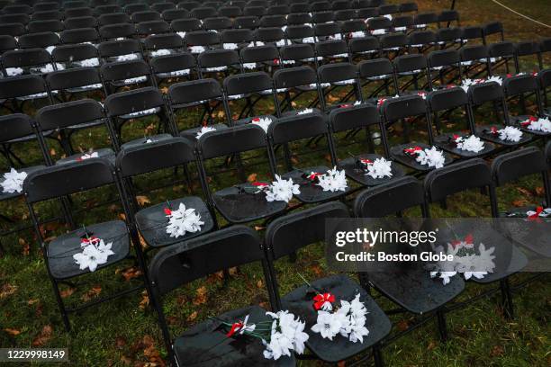 Empty chairs have been placed in a Lawrence, MA park to honor coronavirus victims, pictured on Dec. 5, 2020. The city of Lawrence continues to see an...