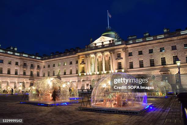 View of Winter Domes at Somerset House in London. The domes, resembling igloos, are installed in the courtyard for indoor private dining during the...