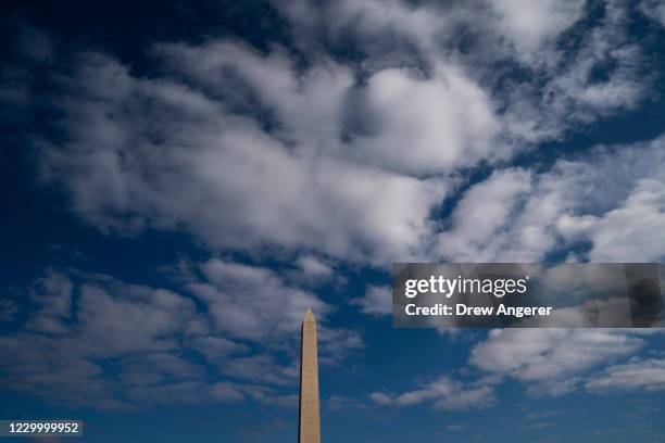 The Washington Monument is seen from the World War II Memorial following a ceremony to mark National Pearl Harbor Remembrance Day on December 7, 2020...