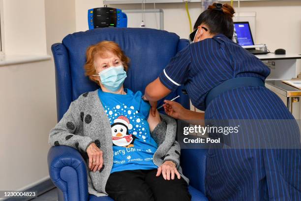 Margaret Keenan is the first patient in the United Kingdom to receive the Pfizer/BioNtech covid-19 vaccine at University Hospital, Coventry,...